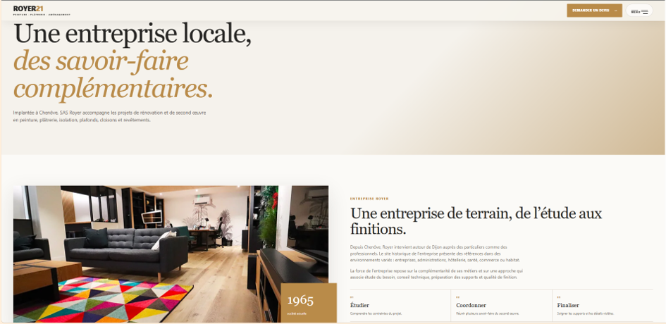Capture de la page Entreprise Royer21 après refonte